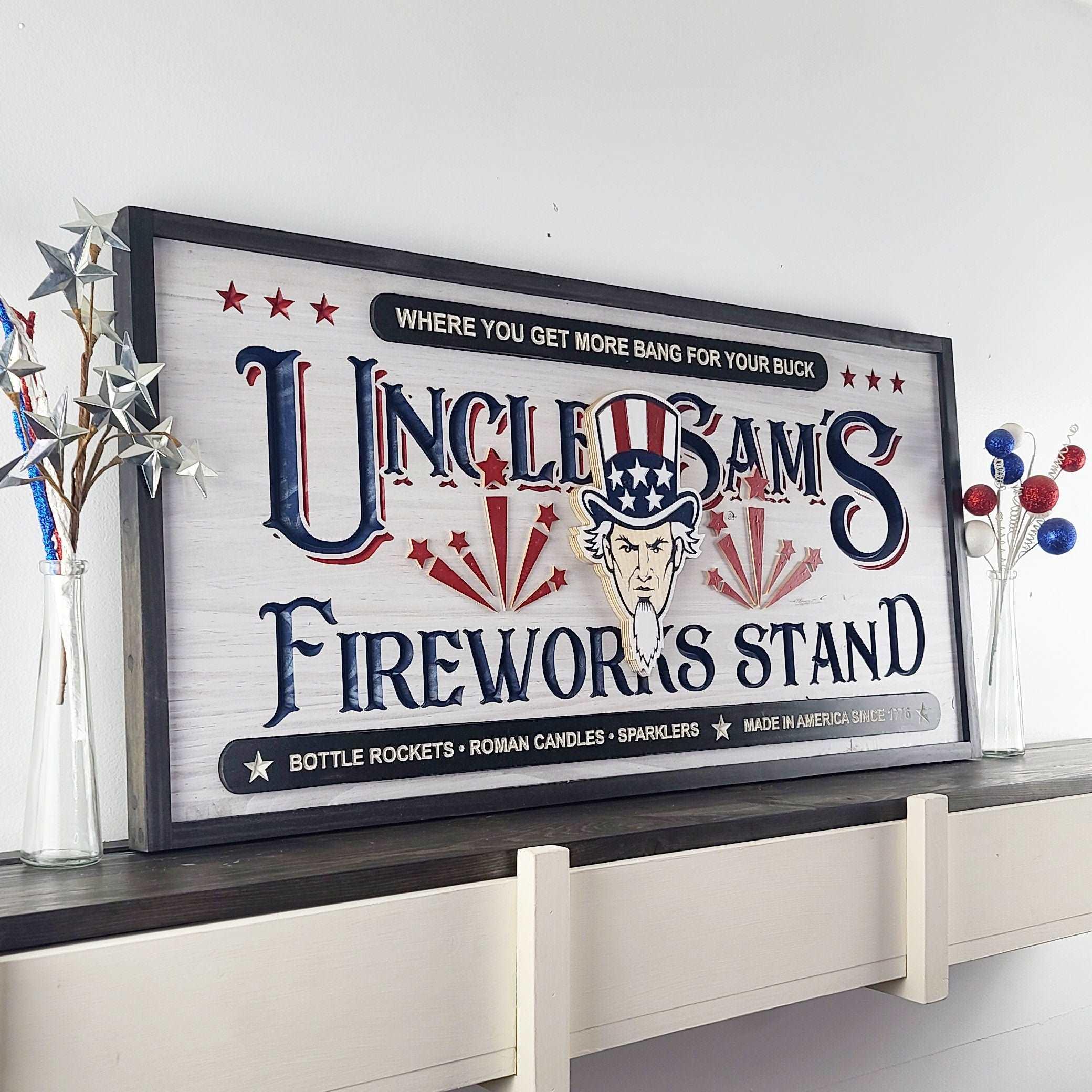 Uncle Sam's Fireworks Stand - Premium Wood Patriotic Sign from Crater Goods - Just $149.99! Shop now at Crater Goods